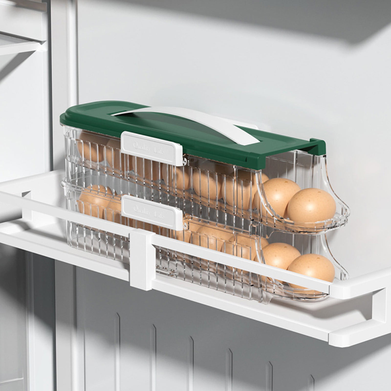 Weloille Adjustable Refrigerator Door Rolling Egg Rack, Plastic Egg Storage Organizer with Anti-Slip Retractable Design for Kitchen Refrigerator Organization