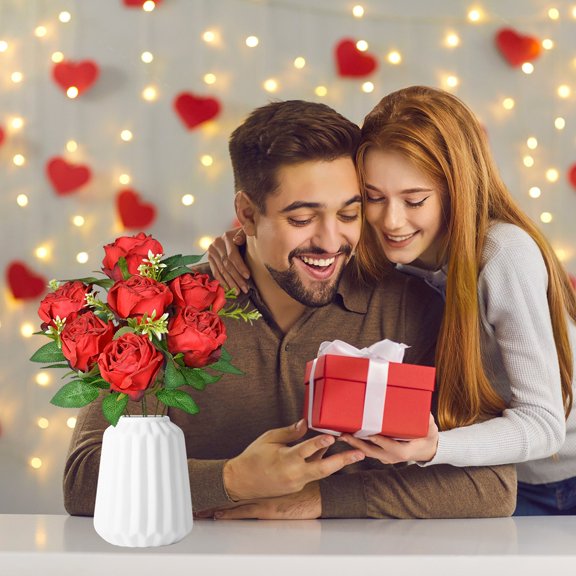 Weloille Artificial Burnt Edge Roses 7 Heads, Realistic Silk Fake Rose Bouquet, Fade Resistant Lifelike Flower Decoration, for Valentine's Day Wedding Party Home Vase Table Decoration