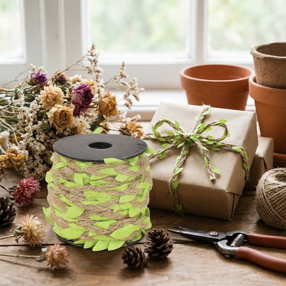 Weloille Artificial Leaf Hemp Rope 1 Piece, Realistic Green Leaf Design Natural Texture, Tear Resistant Flexible Decorative Twine, for Home Garden Party Wedding DIY Craft Decoration
