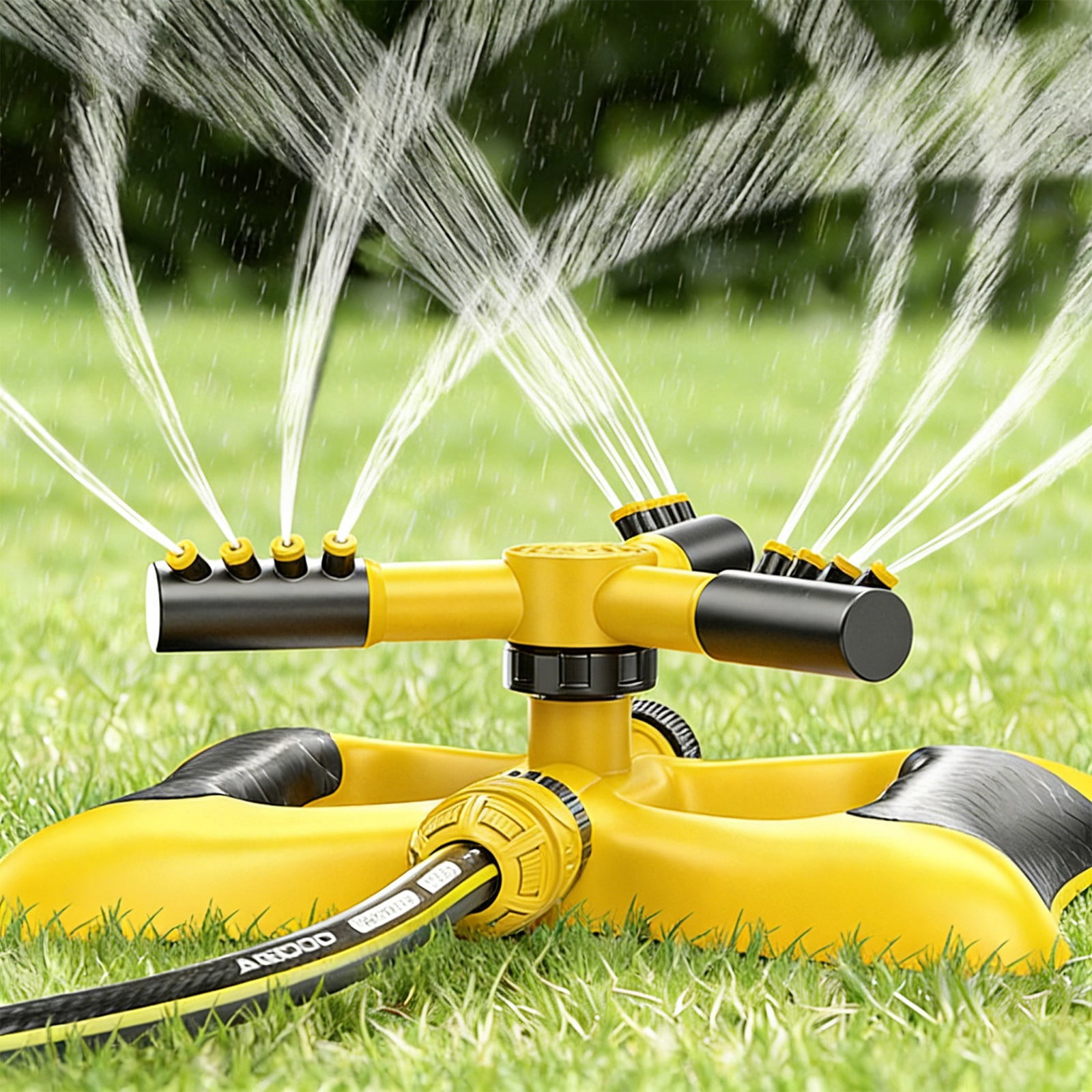 Weloille Automatic 360 Degree Rotating Garden Sprinkler, Yellow Plastic with 3 Spray Adjustments for Water-Saving Lawn Irrigation