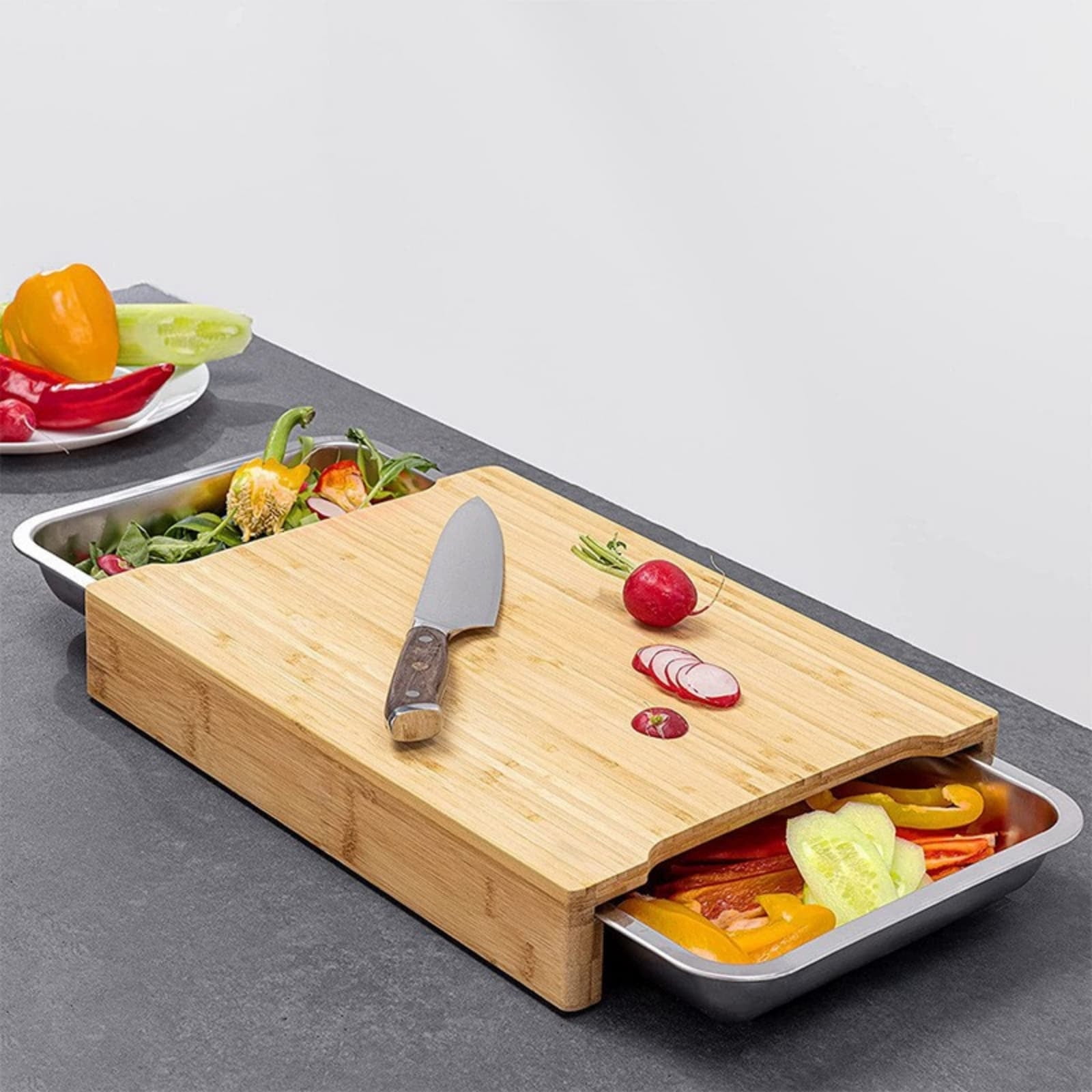 Weloille Bamboo Cutting Board for Kitchen, Reversible Fruit Bread Cutting Board with Built-in Drawer, Food Safe Natural Bamboo Chopping Board, Non-Slip Sturdy Countertop Board for Home Cooking