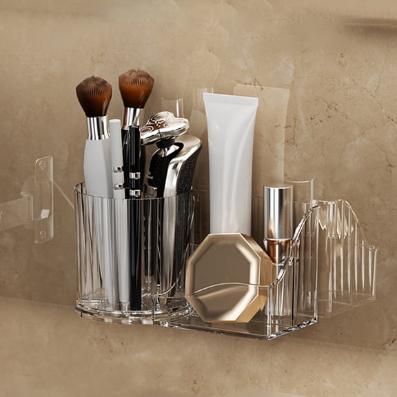 Weloille Bathroom Cabinet Organizer 1 Storage Box and 1 Traceless Sticker, Wall-Mounted Transparent Layered Shelf, Cosmetic Lipstick Jewelry Storage Box, Easy to Install and Use