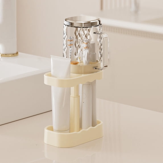 Weloille Bathroom Toothbrush Holder Set, 1PC Toothbrush Organizer with 1 Rinsing Cup, Non-Slip Stable Countertop Storage Rack, Waterproof Mildew Resistant Stand for Bathroom Dorm Use