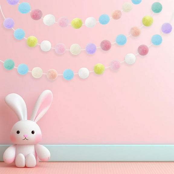 Weloille Birthday Party Pom Pom Garland Set, 60 Pcs Macaron Color Elastic Pom Poms with Thread & Needle, Reusable Fluffy Decor String, DIY Hanging Bunting for Party Wedding Home Decor