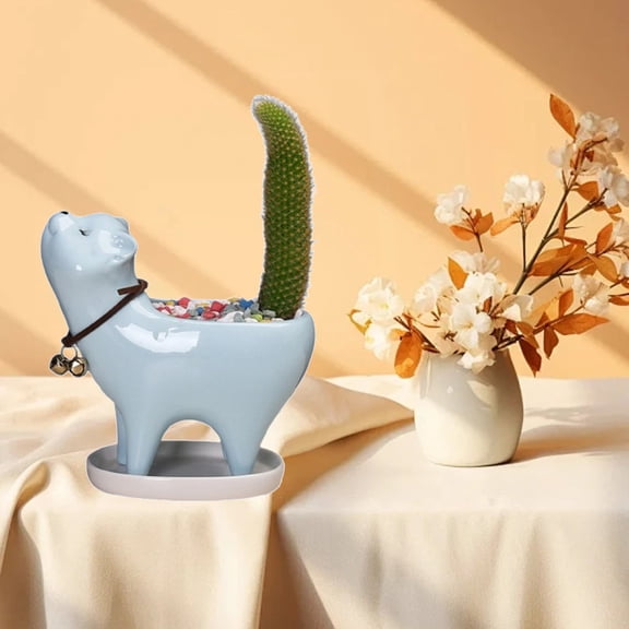 Weloille Cartoon Cat Tail Shape Ceramic Flower Pot, Cute Creative Succulent Cactus Planter, Drainage Hole Decorative Plant Container, for Home Office Desk Balcony Garden Decoration