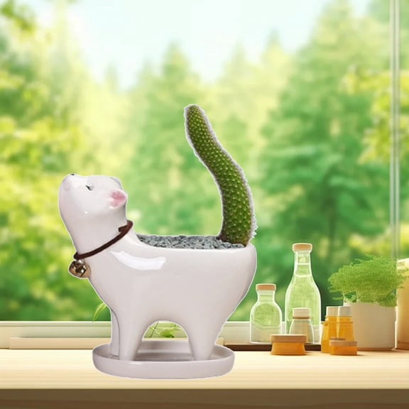 Weloille Cartoon Cat Tail Shape Ceramic Flower Pot, Cute Creative Succulent Cactus Planter, Drainage Hole Decorative Plant Container, for Home Office Desk Balcony Garden Decoration