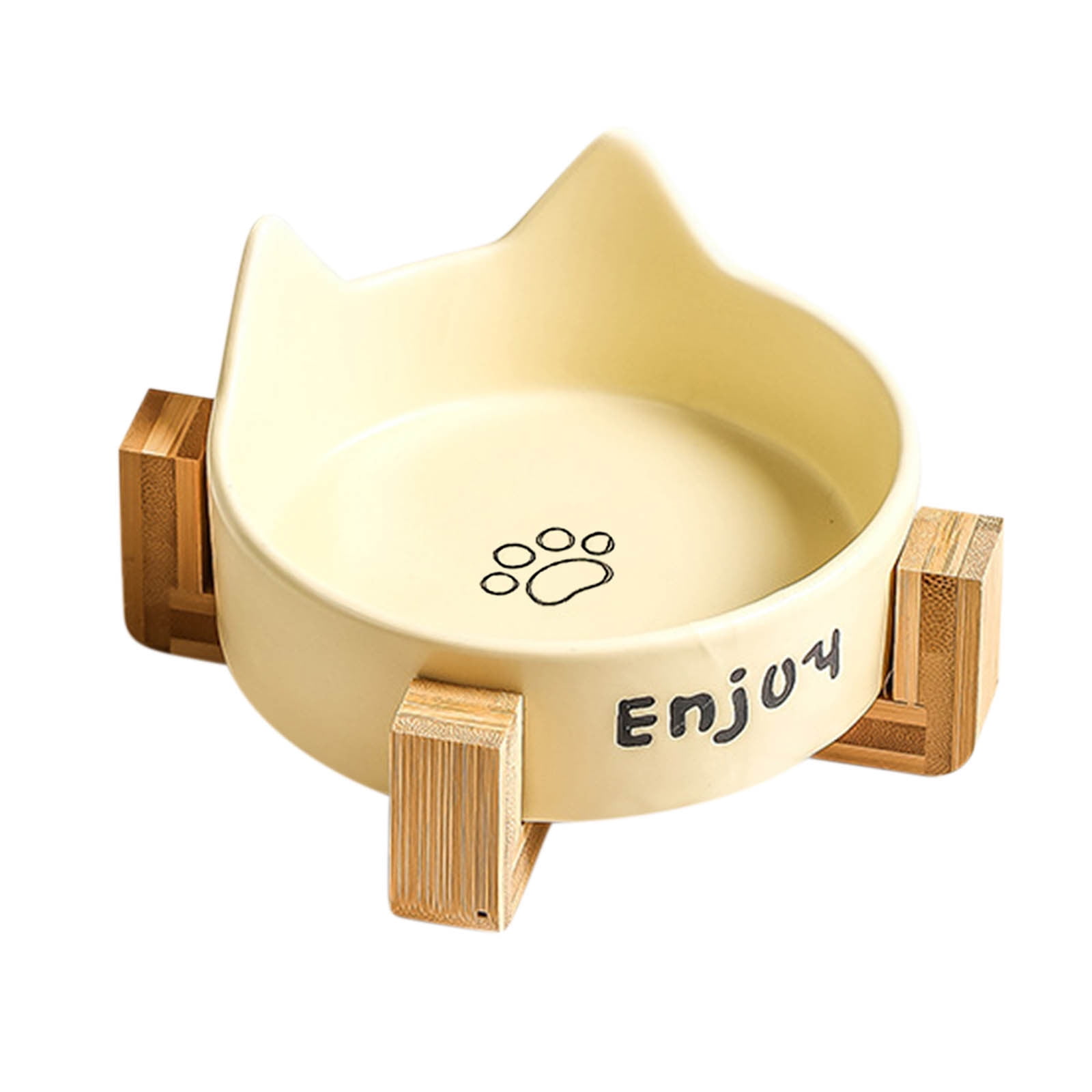 Weloille Cat Shaped Pet Bowl 1 Set with Wood Stand, Ceramic Non Slip Food Water Feeding Bowl, Scratch Resistant Pet Feeder, for Cats, Small Dogs Indoor Feeding Use