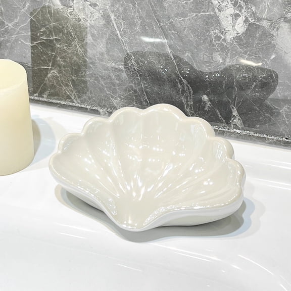 Weloille Ceramic Seashell Shape Soap Dish, Self Draining Non-Slip Soap Holder, Glossy Scratch Resistant Soap Container, Elegant Bathroom Accessory for Shower Sink Vanity Countertop Kitchen