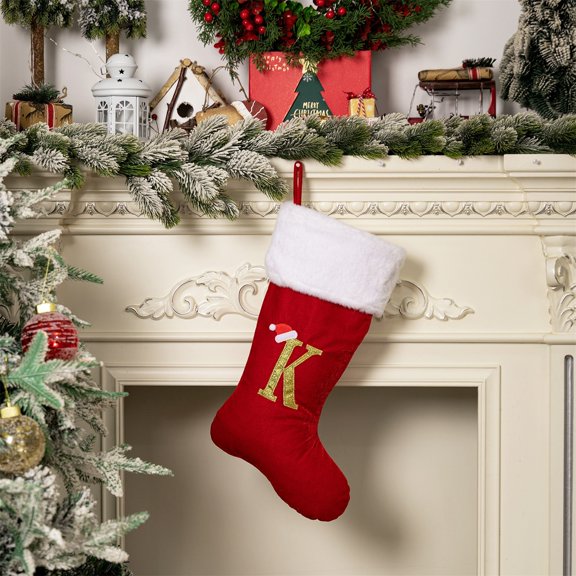 Weloille Christmas Letter Stockings Red Velvet with Gold Plush Embroidered Xmas Stockings Classic Personalized Stocking Decorations for Family Holiday Season Decor(Letter K)