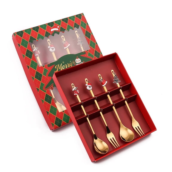 Weloille Christmas Spoon Christmas Dessert Spoon Fork Stainless Steel Tableware Set Cute Doll With Hand Gift