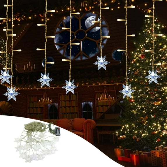 Weloille Christmas Warm White Snowflake Curtain Light Home Party Decoration Fairy Lights 16Snowflake 80Mini LED 11.5Ft Light Color Chaging String Lights for Holiday Decor