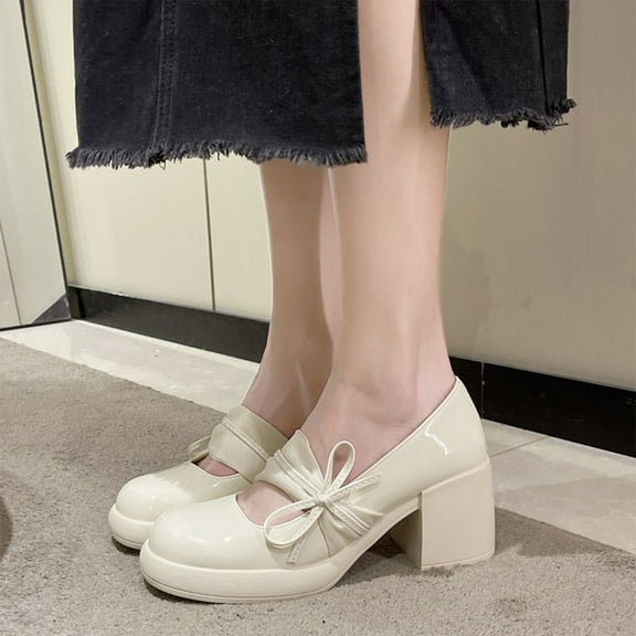 Weloille Chunky Heel Patent Leather Casual Single Shoes Fashionable And Elegant Women's Lace Flowers Bow High Heels Round Toe Patent Leather High Heels