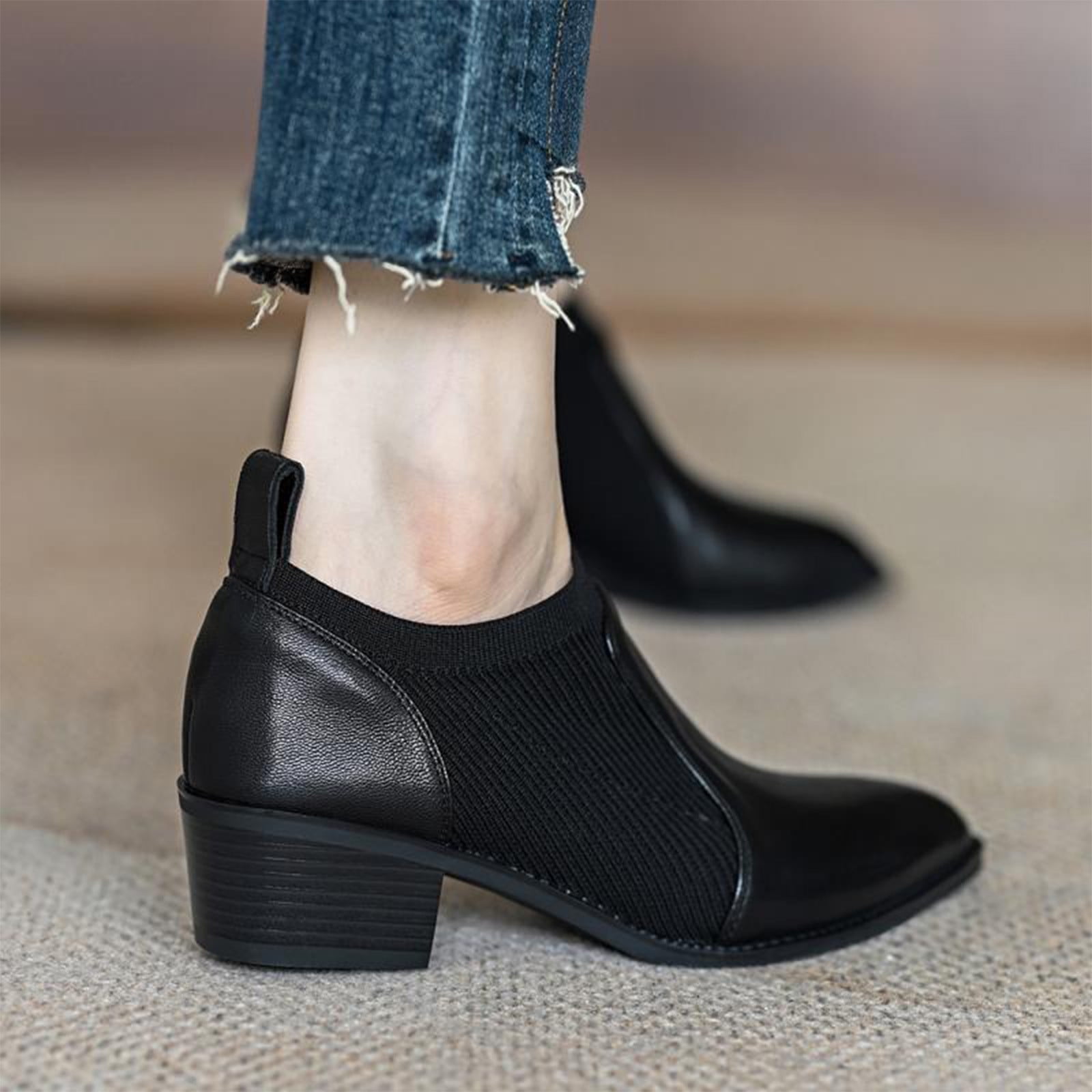 Weloille Chunky Heel Single Shoes Women Work Pointed Splicing Middle ...