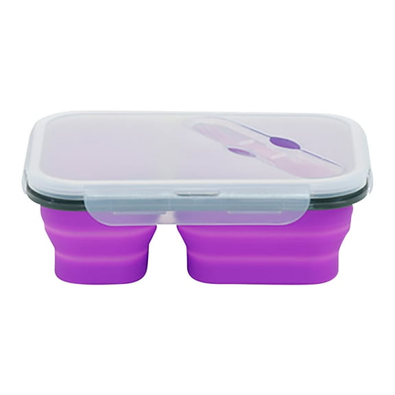 Weloille Collapsible Silicone Bento Lunch Box with Spoon, 2 Compartment Eco Foldable Lunch Food Container Refrigerator Storage Fresh Keeping Box