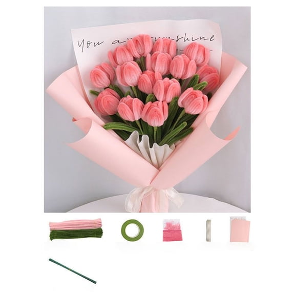 Weloille DIY Tulip Flower Bouquet Craft Kit 1 Set, 30Pcs Pipe Cleaners Tape Pigment Ribbon Wrapping Paper Floral Stalk Included, Handmade Art Pack for Adults, Home Decor, Gift Making