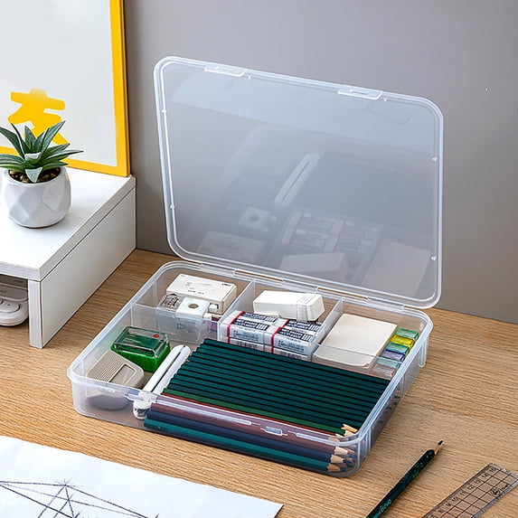Weloille Desk Storage Box 1 Set, Multi Compartment Transparent Organizer with Lid, Dust Proof Stackable Container, Classified Sorting Holder for Stationery Office Supplies Small Item Storage