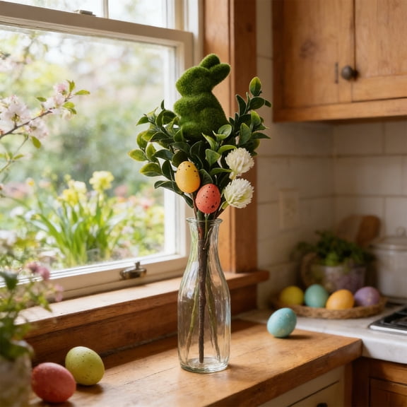 Weloille Easter Branch Decor with Foam Egg Rabbit 1Pc, Realistic Artificial Green Leaf Pick with Egg String, Vivid Long Lasting Ornament for Vase Wreath Easter Party Home Table Decor