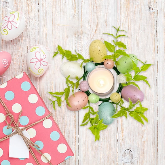 Weloille Easter Eggs Tealight Candle Holder, Candle Sticks lamp Tea Light Candlestick Holder with Artificial Plants Flowers for Spring Easter Home Table Centerpiece Decor