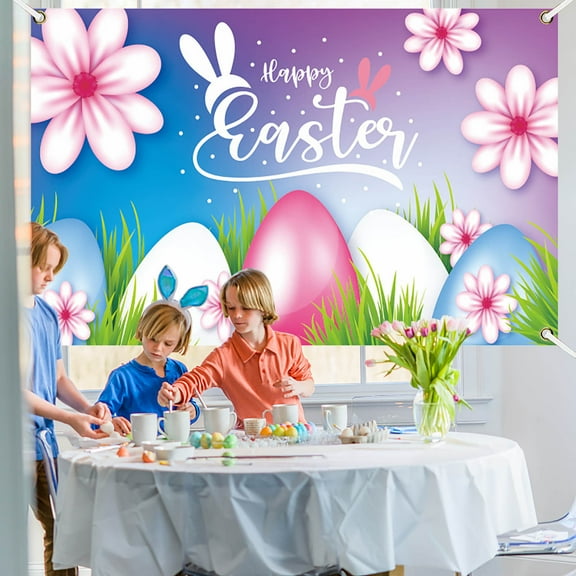 Weloille Easter Party Decorations Fabric Easter Egg Bunny Background Banner Sign Easter Banner Poster Photo Booth Backdrop for Spring Easter Party Supplies (70.9x45.3in)