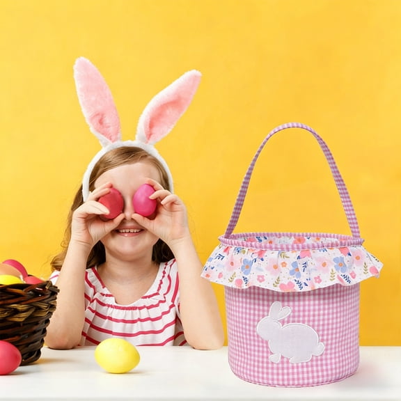 Weloille Easter Storage Basket 1 Piece, Easter Decorative Handheld Basket with Rabbit Pattern, Large Capacity Lightweight Reusable Tote Bag, for Easter Egg Hunting Candy Snack Storage