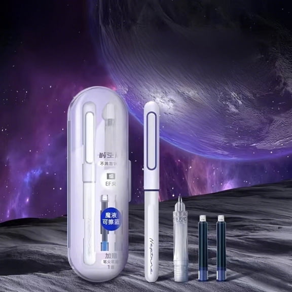 Weloille Erasable Blue Ink Space Capsule Fountain Pen, 1 Pen + 2 Ink Sacs + 1 Pen Grip Semi-Finished, Smooth Writing, Refill, Suitable for Daily Writing, Office and Home Use