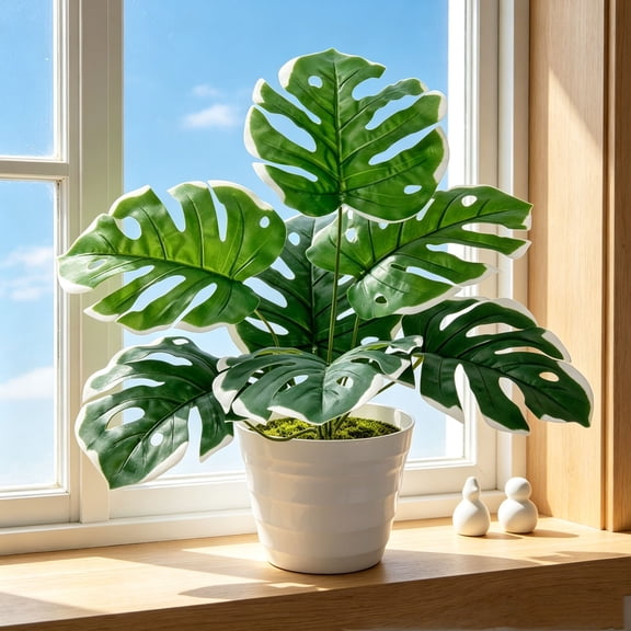 Weloille Fake Monstera Potted Plant 1PC, Real Touch Artificial Greenery with Pot, Fade Resistant Faux Plant No Water Need, for Office Living Room Desktop Home Decoration