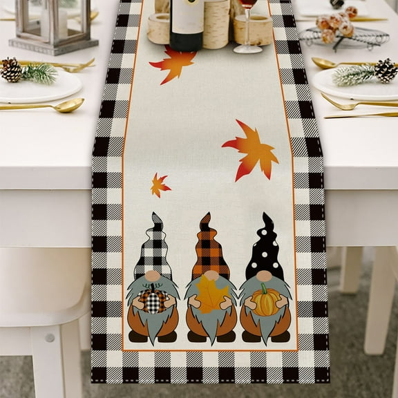 Weloille Fall Gnomes Pumpkins Sunflower Maple Leaves Thanksgiving Table Runner, Seasonal Harvest Vintage Kitchen Dining Table Decoration for Indoor Outdoor Home Party Decor 1183x33cm