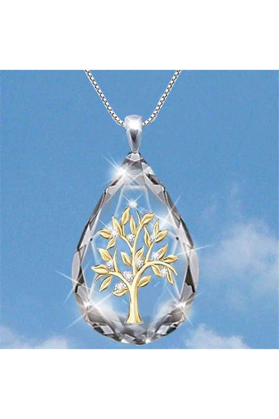 Fashion Dolphins Tree Of Life Religious Lady Drop-shaped Crystal Necklace(Chain Length:41cm + 7cm Extension Chain)