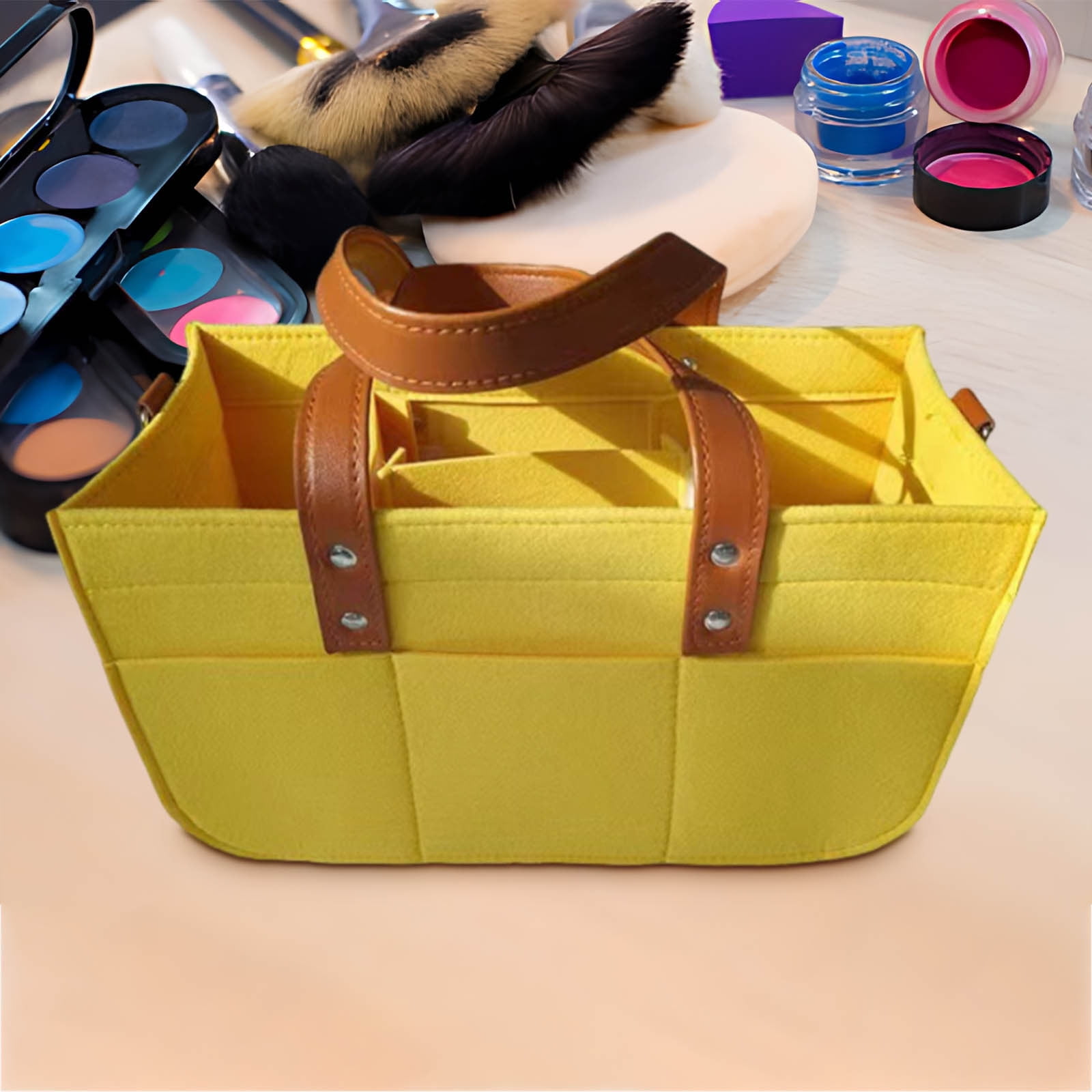 Weloille Felt Diaper Bag 33x15x18cm Foldable Storage Organizer, Gray with Brown Leather Handle, Portable Multifunctional Changing Station for Baby Care Essentials and Breast Pump Accessories