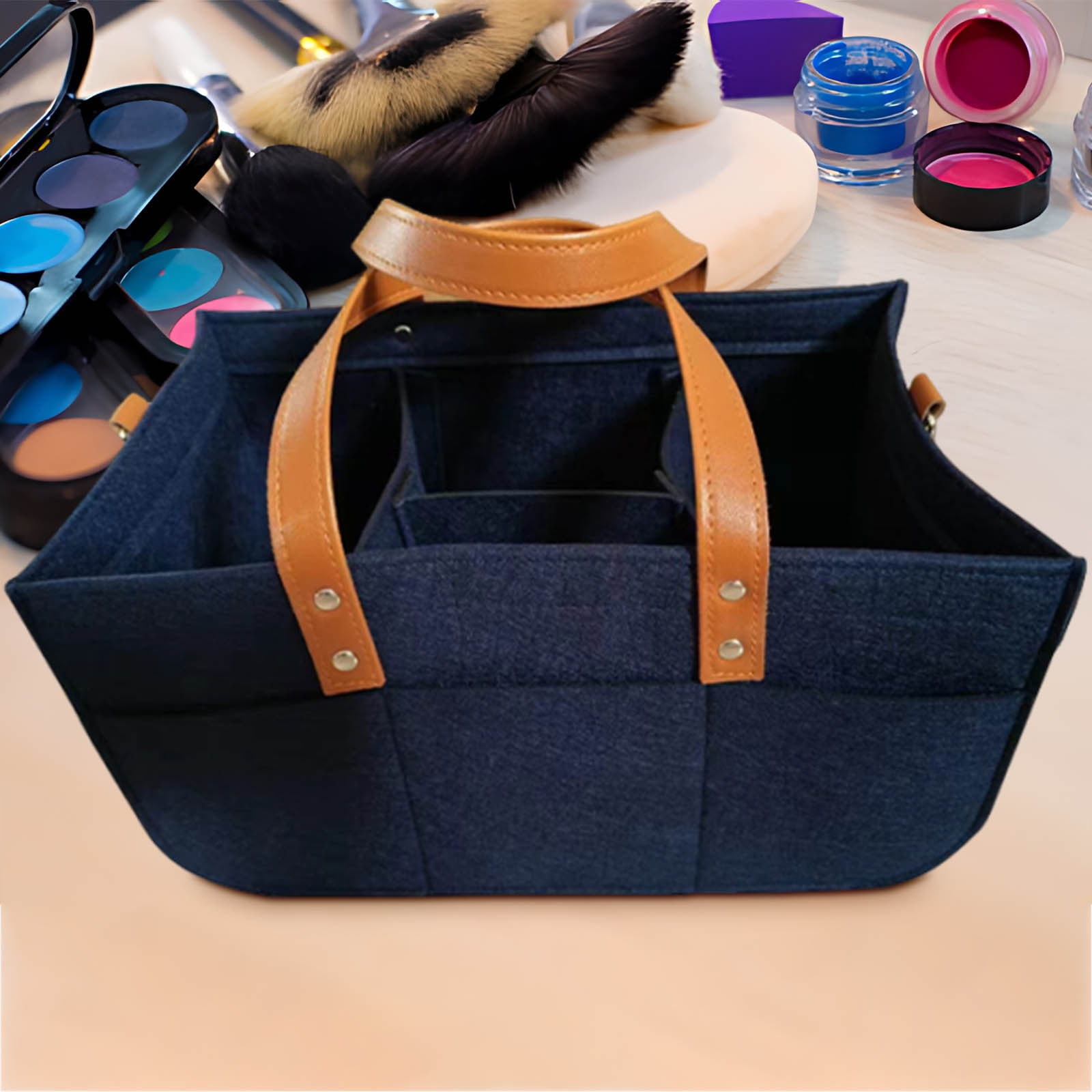 Weloille Felt Diaper Bag 33x15x18cm Foldable Storage Organizer, Gray with Brown Leather Handle, Portable Multifunctional Changing Station for Baby Care Essentials and Breast Pump Accessories