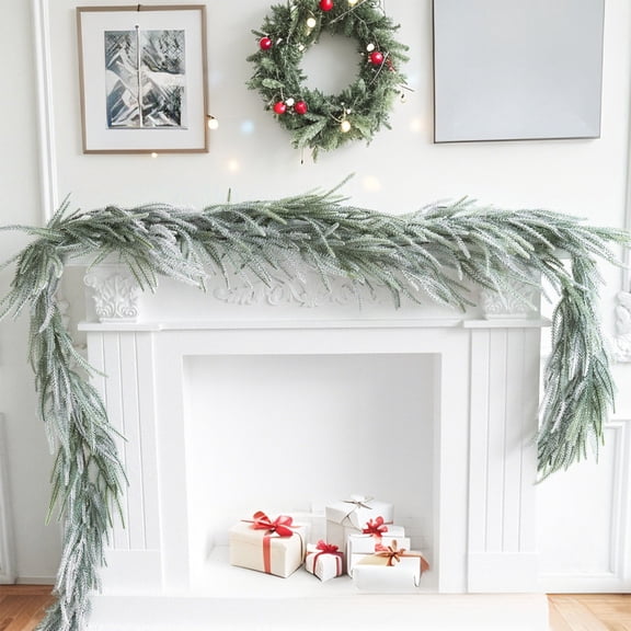 Weloille Flocked Christmas Pine Garland, 1 Piece 5.9 Ft Snow Effect Decor, Flexible Lifelike Artificial Greenery Garland, for Stair Railing Fireplace Mantel Front Door Xmas Holiday Decor
