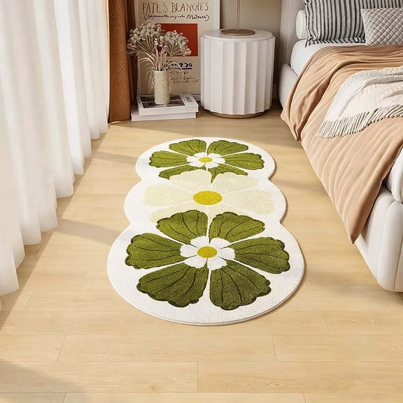 Weloille Floral Bedroom Area Rug, 1.3 x 3.9 ft Non Slip Soft Bedside Carpet, Washable Stain Resistant Floor Mat for Bedroom, Living Room, Entryway & Indoor Home Decoration