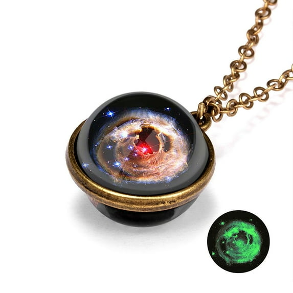 Weloille Glow In The Dark Galaxy System Double Sided Glass Dome Necklace Pendant