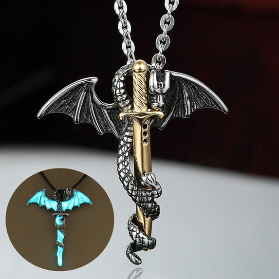 Weloille Glow in The Dark Dragon Necklace for Men Vintage Punk Animal Necklace Cool Gothic Necklace Luminous Dragon Pendant Necklace