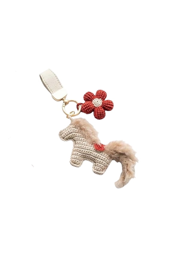 Handmade Crochet Plush Horse Keychain for 2026 Year of the Horse, Cute Bag Charm with Flower and Leather Strap, Festive Ornament for Keys Bags Car Home Office