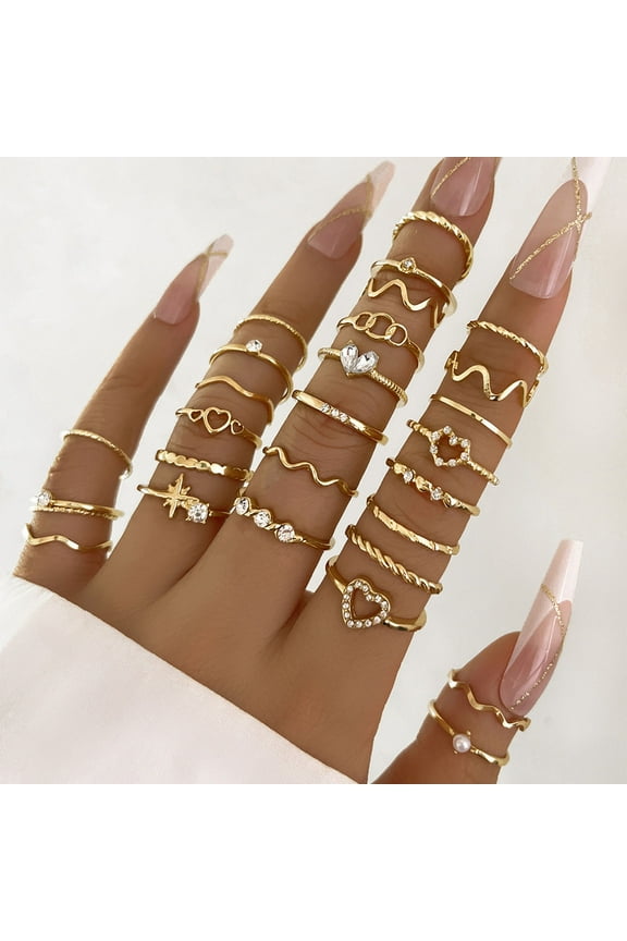Heart Wave Ring Set, 28 Pieces Assorted Size Design, Stackable Retro Style Jewelry, Non-Irritation Long-Lasting Plated Finger Accessories, for Women Men Daily Wear Party Gifts