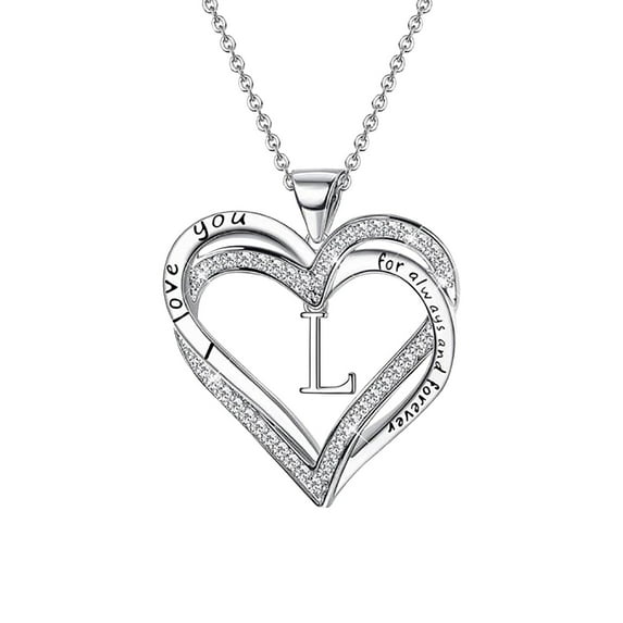 Weloille Ladies Double Heart Diamond Necklace With 26 English Letters Couple Necklace