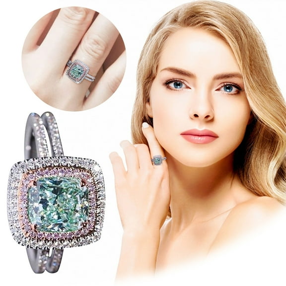 Weloille Ladies Fashion Green Ring Square Diamond Wedding Ring Gift Ring