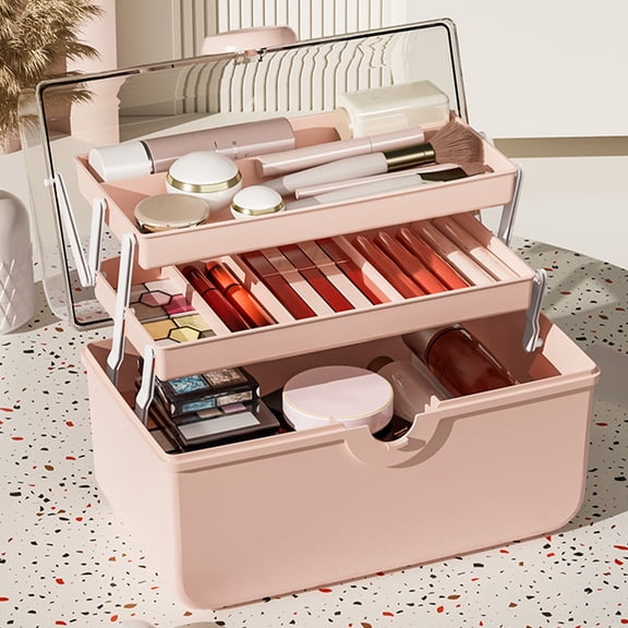 Weloille Large Capacity Cosmetic Storage Box, Multilayer Makeup Organizer Case, Dustproof Compartment Skincare Holder, Storage Container for Vanity Dresser Bathroom and Countertop