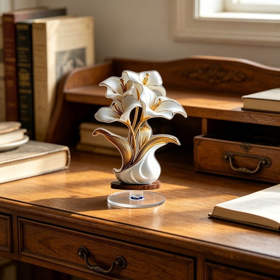 Weloille Lily Flower Acrylic Decorative Ornament with Rotating Base, 1 Piece Art Figurine with 2 Round Adhesive Pads, Clear Exquisite Home Decor, for Shelf Table Office Living Room