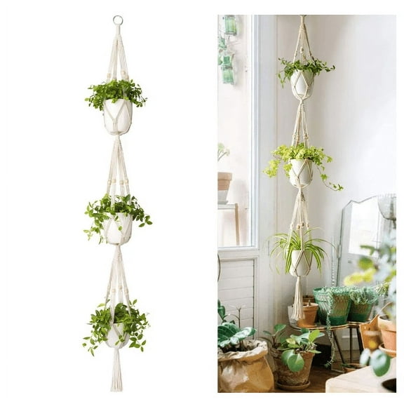 Weloille Macrame Plant Hanger 3 Tier Indoor Outdoor Hanging Planter Basket Cotton Rope with Beads