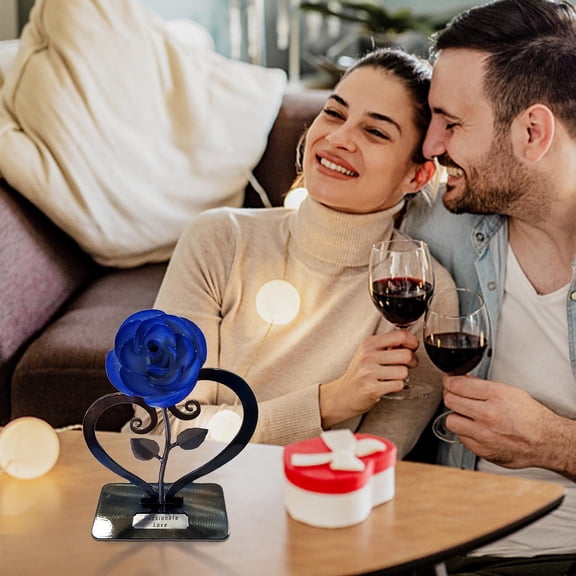 Weloille Metal Red Rose with Heart Shaped Bracket Valentine's Day Gift Iron Red Metal Rose