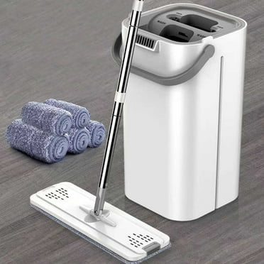 Weloille Mop and Bucket with Wringer Set Hands Flat Floor Mop Bucket with 4 Washable Microfiber Pads Wet and Dry Use Floor Cleaning Syste