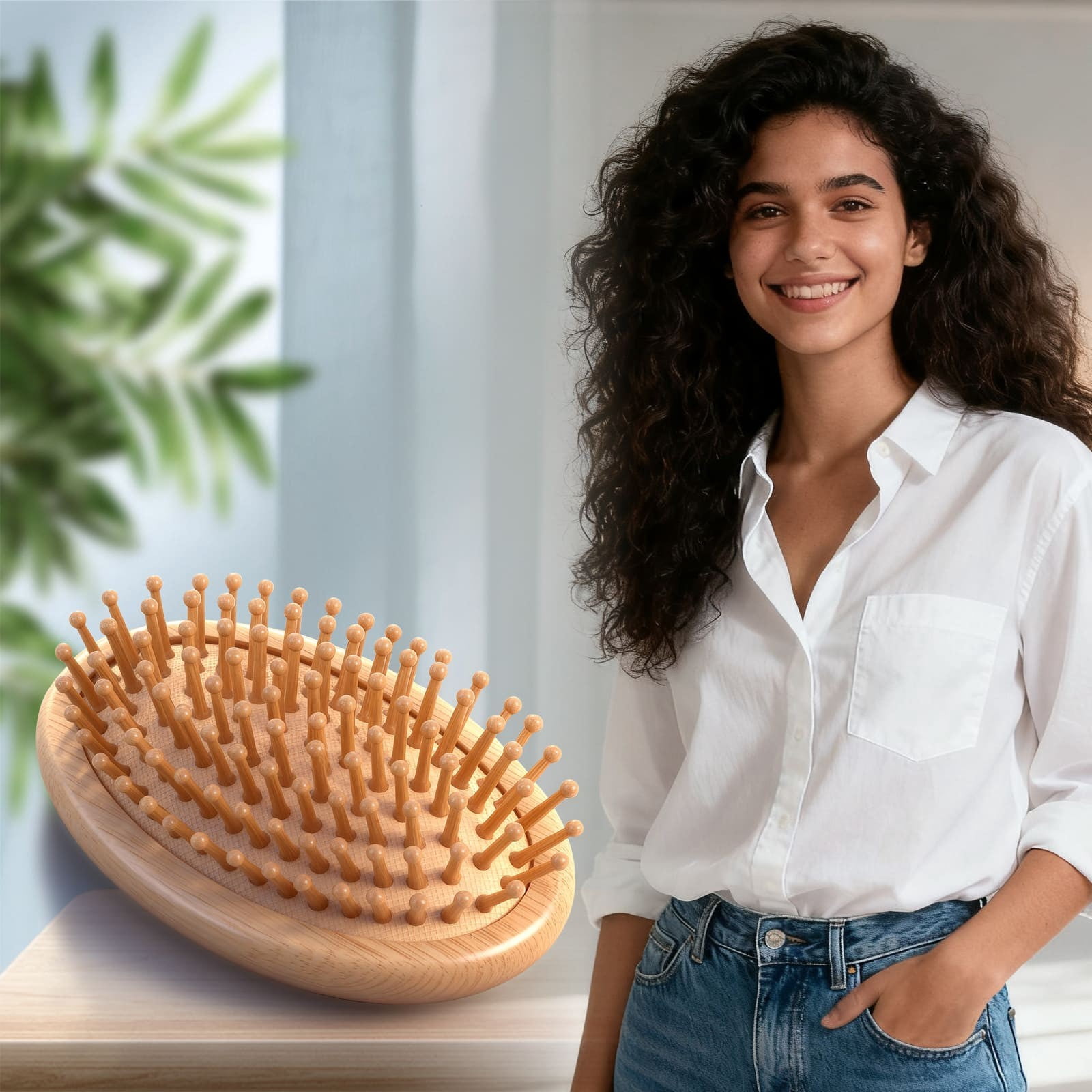 Weloille Natural Beech Wood Scalp Massage Brush, Portable No Handle Detangling Hair Brush for Women, Mini Wooden Bristles Comfortable Scalp Care, 103x68mm