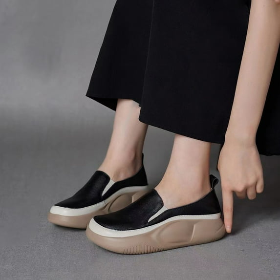 Weloille New Casual Loafers Women's Thick Bottom One Foot Stirrup Maternity Shoes Soft Leather Retro Single Shoes Women's Shoes Casual Shoes