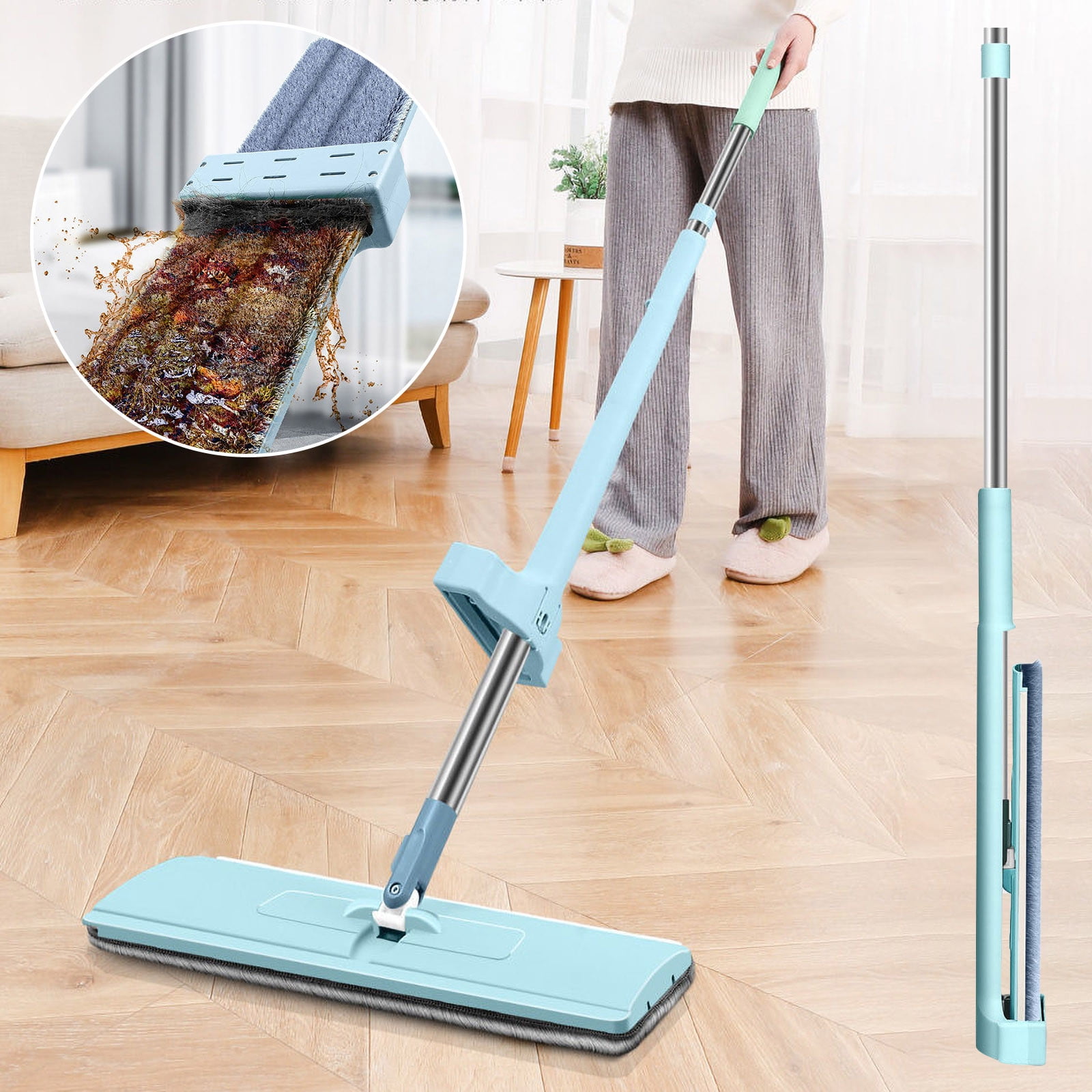 Weloille New Lazy Self Washing Flat Mop 360 Rotatable Flat Cleaning Mop Self Wringing Flat Mop for Wet Dry Use Hands Free Microfiber Mops for