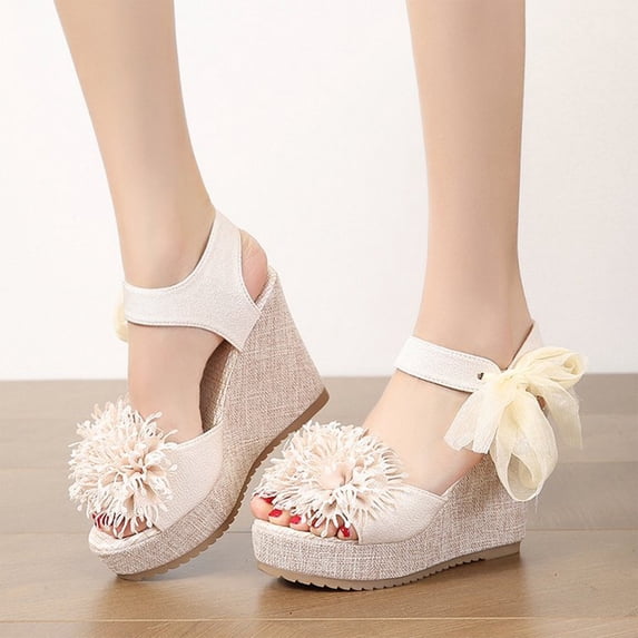 Weloille New Summer Thick-soled Sandals For Women Bohemian Wedge Heels Lace Fish Mouth Bow Sandals For Women