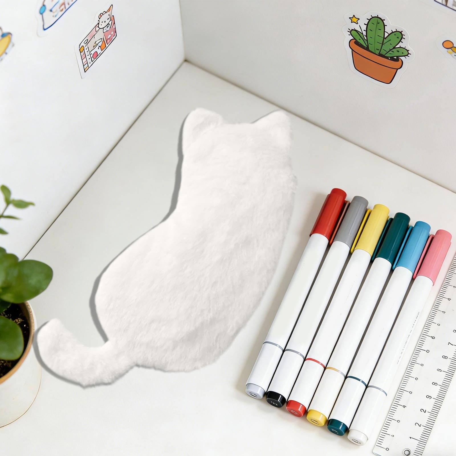 Weloille Plush Cat Multifunctional Storage Bag, Coin Purse, Pencil Case and Makeup Brush Holder with Zipper, Flock Material, 25x12cm, Multi-Color