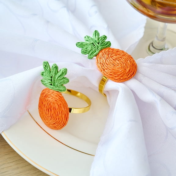 Weloille Raffia Woven Pineapple Napkin Ring 2 Pieces, Handmade Fruit Shaped Napkin Holder, Rustic Decorative Table Ornament, for Dining Table Wedding Party Banquet Home Decoration