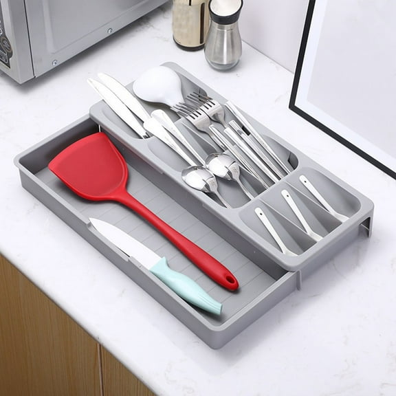 Weloille Retractable Utensil Storage Box 1 Piece, Multi-Compartment Cutlery Organizer, Adjustable Drawer Flatware Divider, Kitchen Drawer Organizer for Spoon Fork Knife Chopsticks Tableware